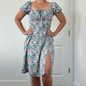 Dizzy Lizzy Babydoll Midi SunDress Green Floral Puff Sleeve Coquette Cottagecore